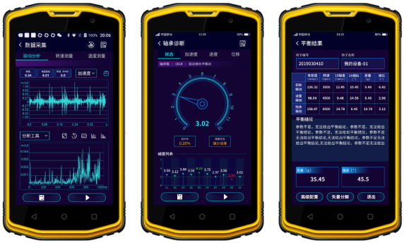 圖. 4 智能振動(dòng)分析（左）、智能軸承診斷（中）、轉(zhuǎn)子動(dòng)平衡（右）